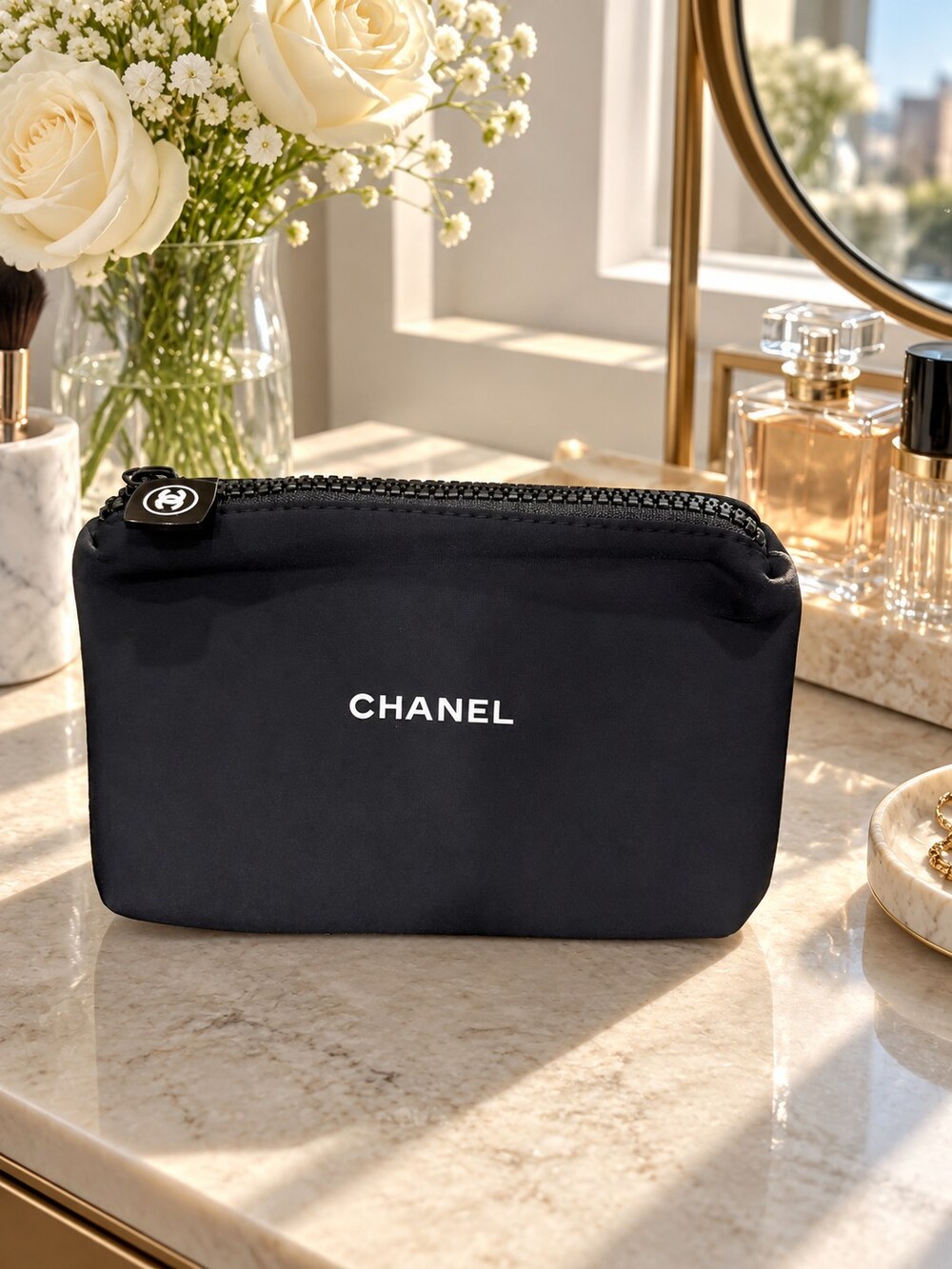 Chanel Black Zip Cosmetic Pouch | Compact Beauty Storage